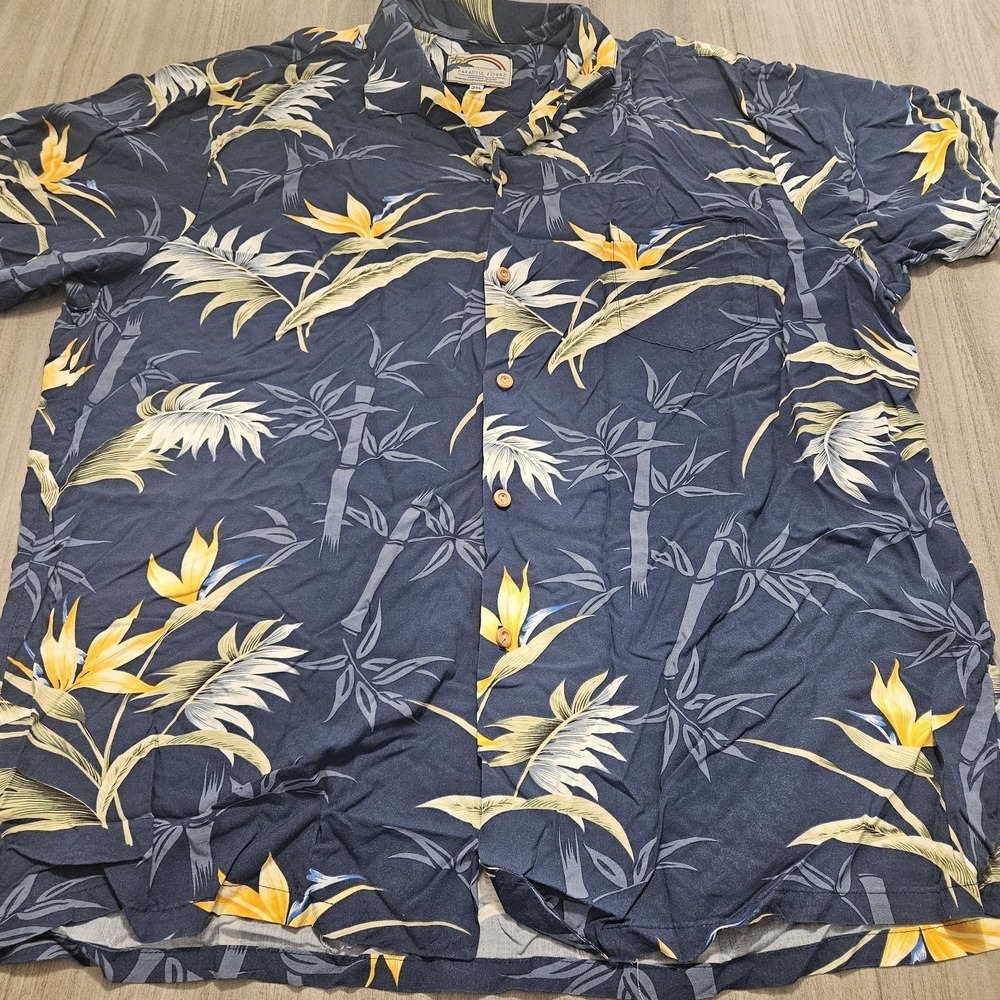 Vintage Paradise Found‎ Mens 2XL Blue Floral Hawaiian Button Up Short Sleeve